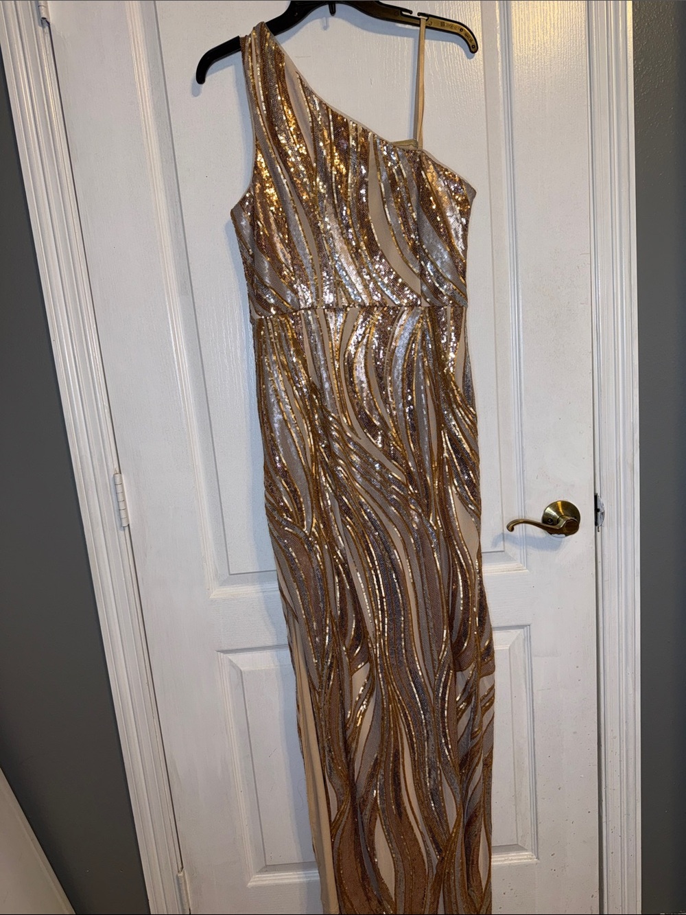 Adrianna Papell Gold Sequin One-Shoulder Gown - Picture 3 of 4